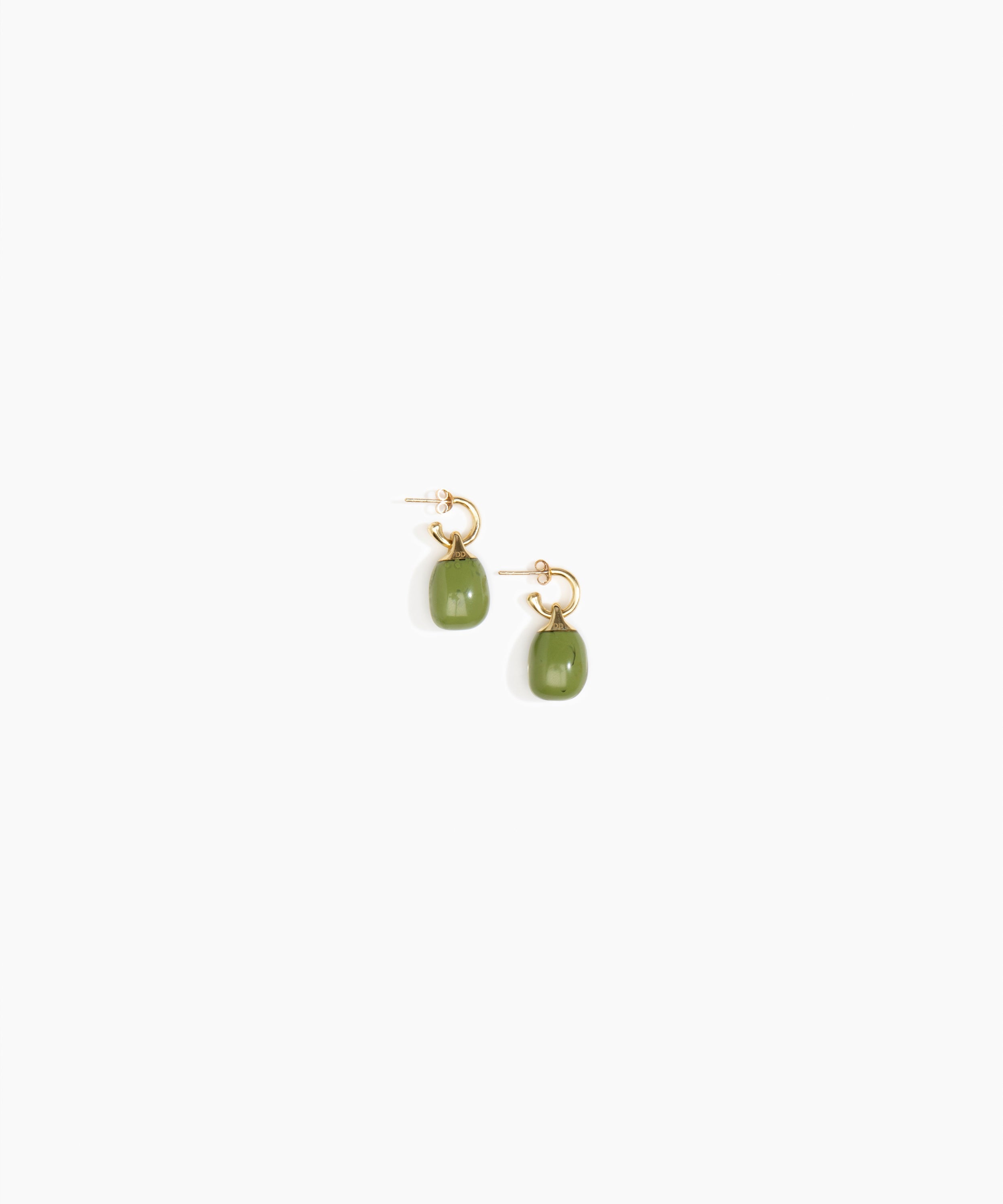 Dinosaur Designs Small River Rock Hoops Earrings in Olive Colour resin with Brass Hoop Material